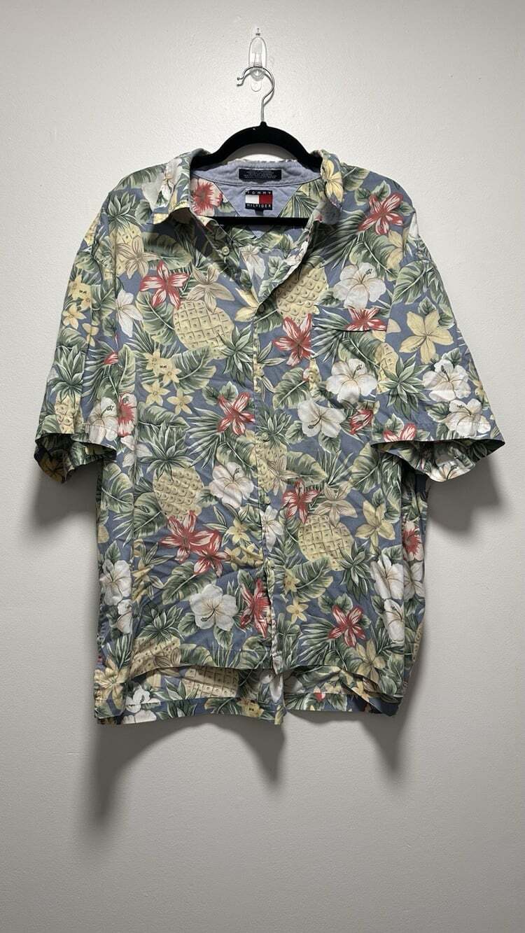 Tommy Hilfiger Men's XXL Blue Tropical Floral Short Sleeve Button-Up Shirt